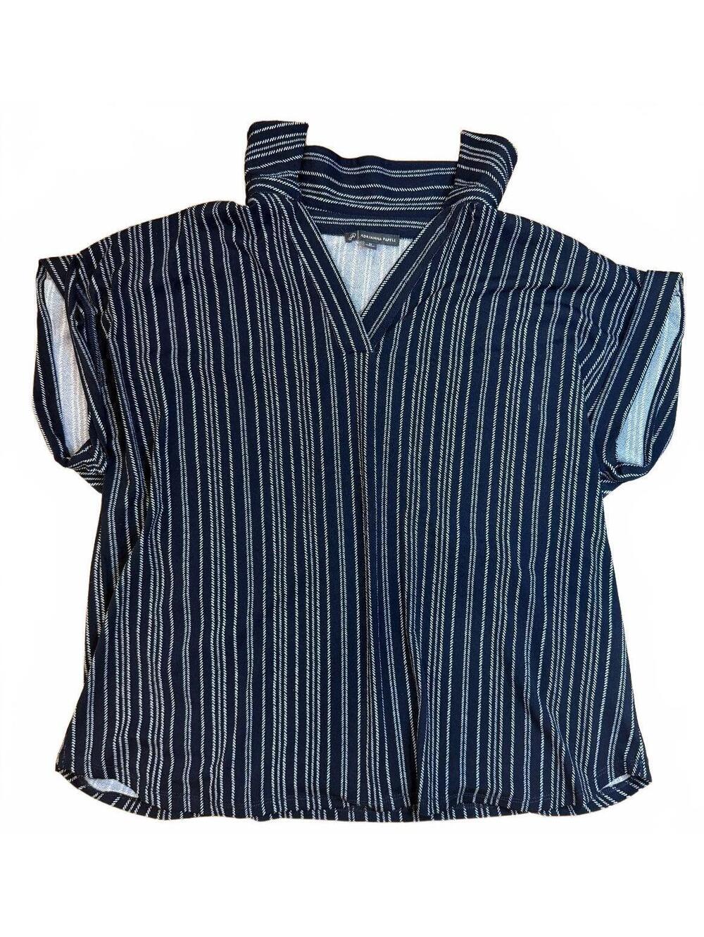 Adrianna Papell Womens Medium Sleeveless Blouse Navy White Striped V Neck Top